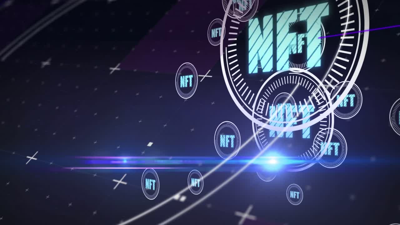 Animation of nft in circles over navy background with lights