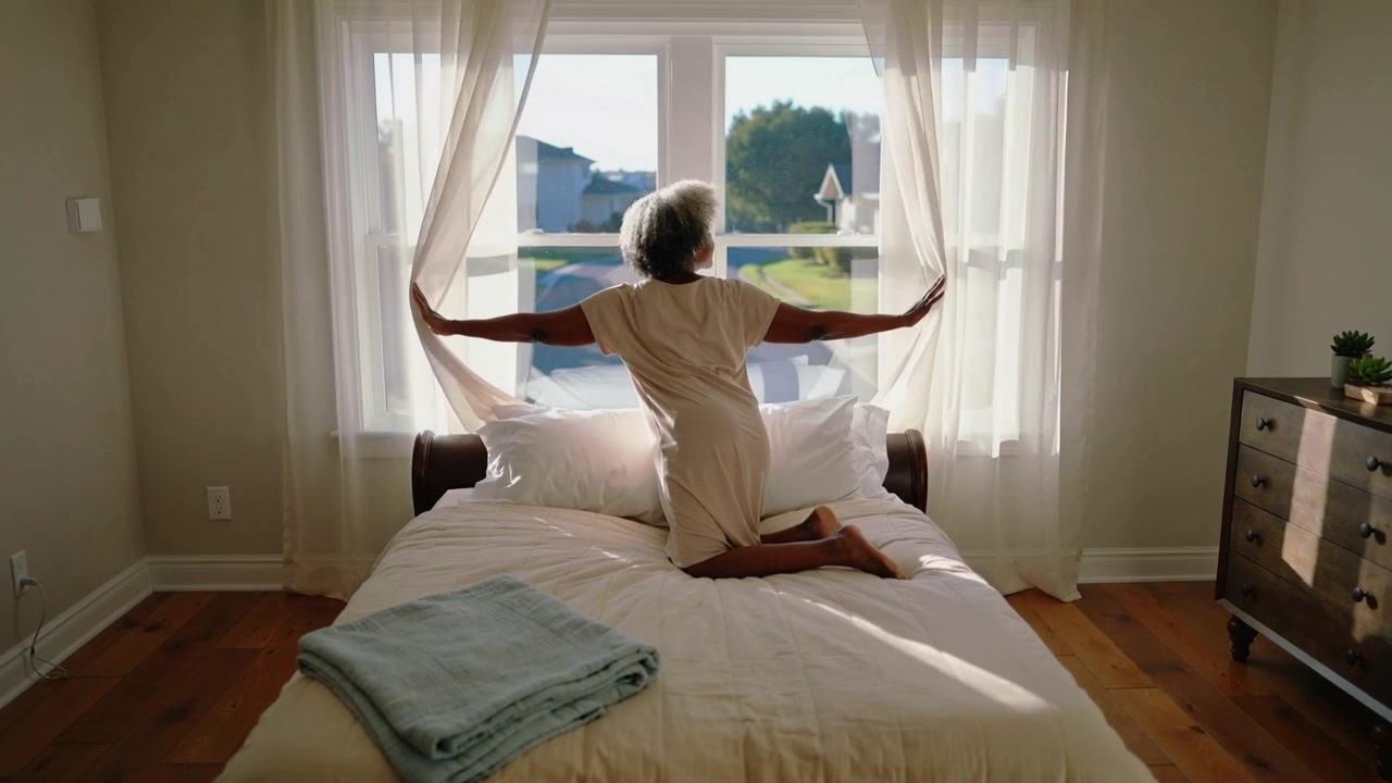 Kneeling woman in gown on bed drawing curtains at bedroom window, letting dawn light fill room