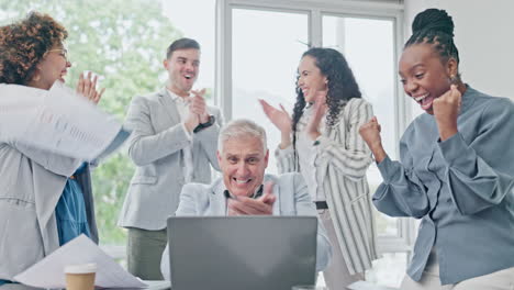 teamwork, celebration and business people throw