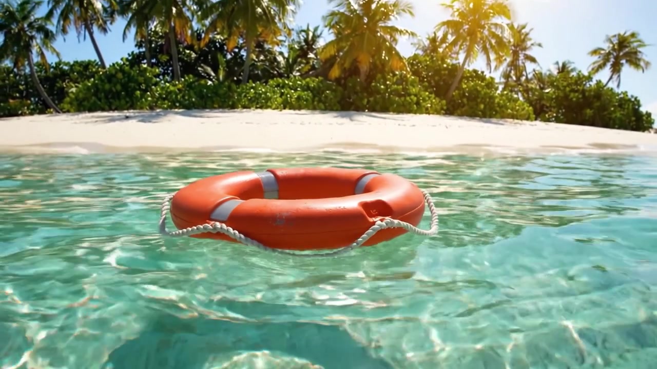 A Bright Orange Lifebuoy Floats Calmly in Crystal Clear Tropical Waters Amidst Lush Green Palm Trees and Sandy Beaches, Symbolizing Safety and Tranquility