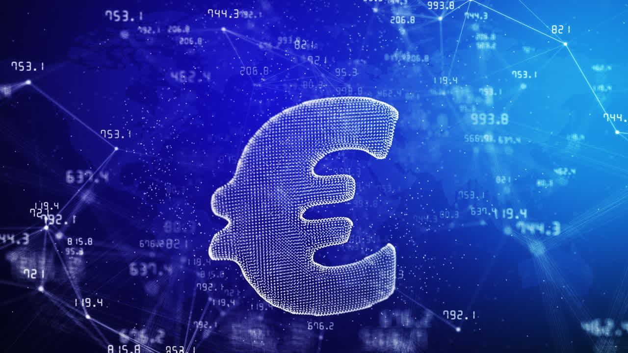 3D hologram of euro currency symbol on blue background with plexus lines and dots. Values of financial indicators of stock exchange are constantly changing. Abstract space motion graphics.