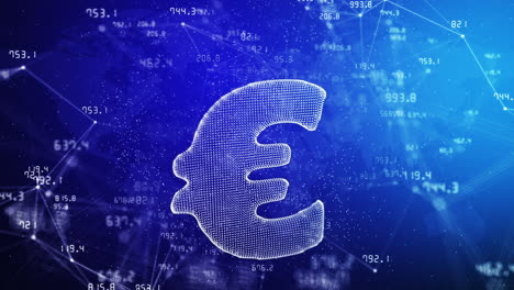 3d hologram of euro currency symbol on blue background with plexus lines and dots. values of financial indicators of stock exchange are constantly changing. abstract space motion graphics.