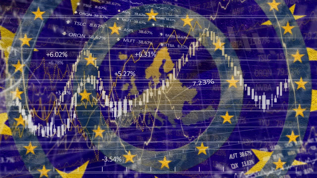 금융 데이터 처리 및 eu 지도에 대한 움직이는 파란색 원에 있는 노란색 별