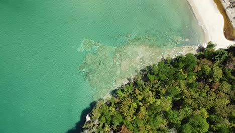 Aerial-Top-Down-of-Sandstone-Cove,-Beach-and-Rock-Cliffs,-Pictured-Rocks-National-Lakeshore,-Munising,-Michigan