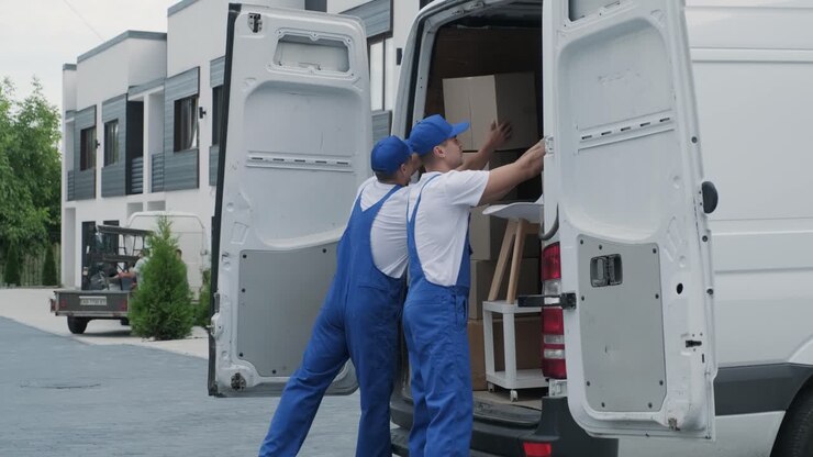 Two young workers of removal company are loading boxes and furniture into a minibus
