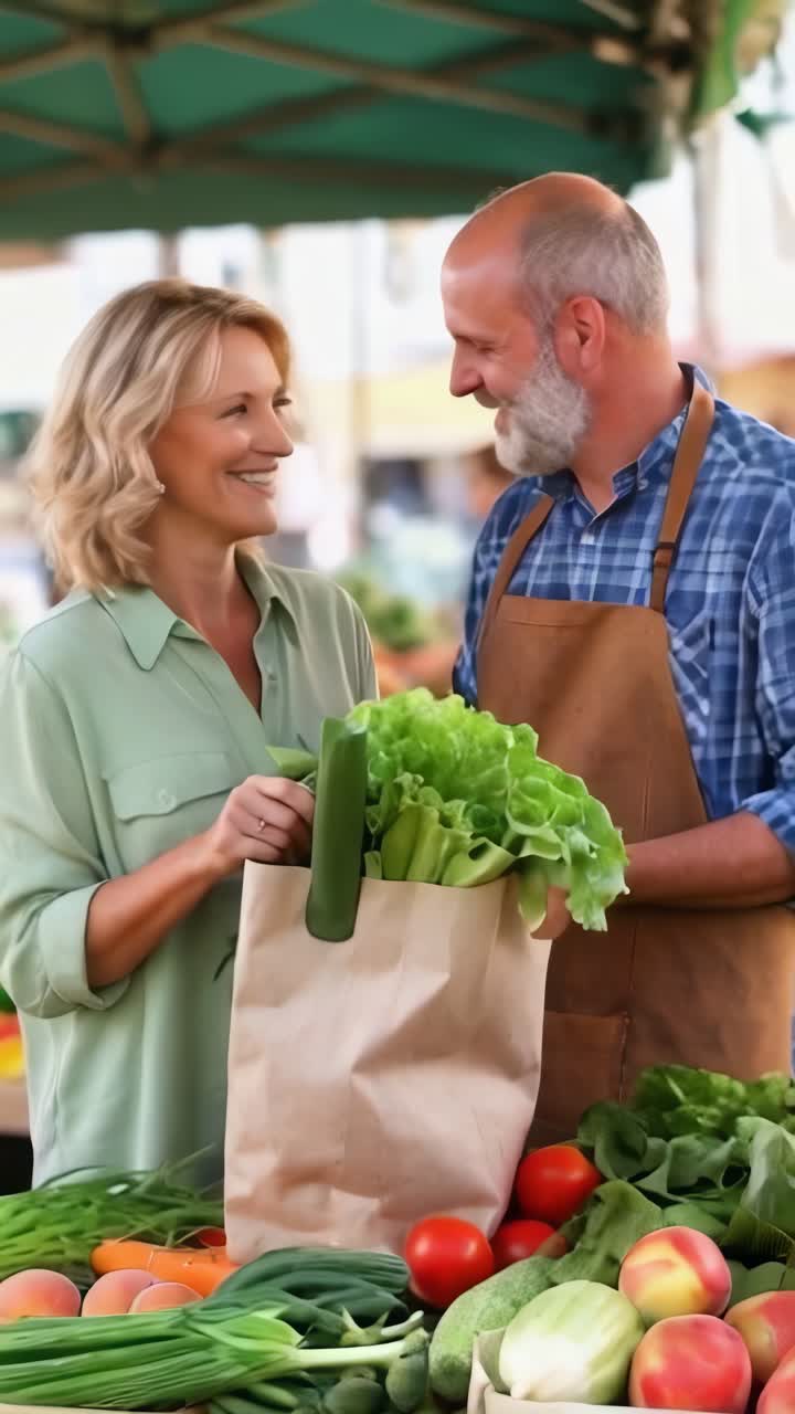 A man and a woman are standing in front of a vegetable stand. The man is holding a bag of vegetables