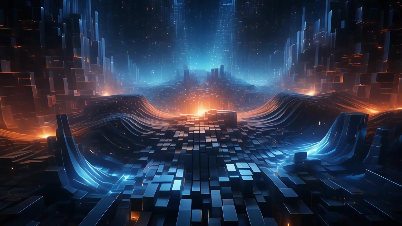 Abstract Digital Landscape with Glowing Geometric Blocks and Data Flow