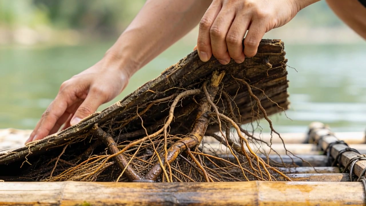 Lowering bare forearms and hands, peeling bark on bamboo raft, inspecting tangled roots