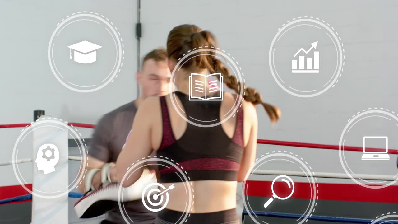 Woman boxer following coach cue, throwing jabs, combos in boxing drill, white icons showing form