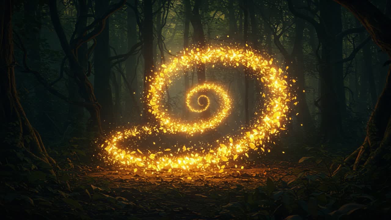 Magical Enchantment: A Vibrant Spiral of Glittering Light Illuminating the Mystical Forest, Inviting Wonder and Imagination into Its Whimsical Depths