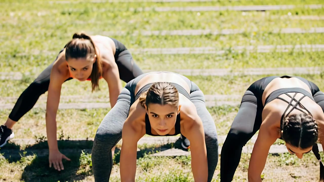 Starting fold center woman leading two bending, reaching on slatted grass in sportswear for fitness