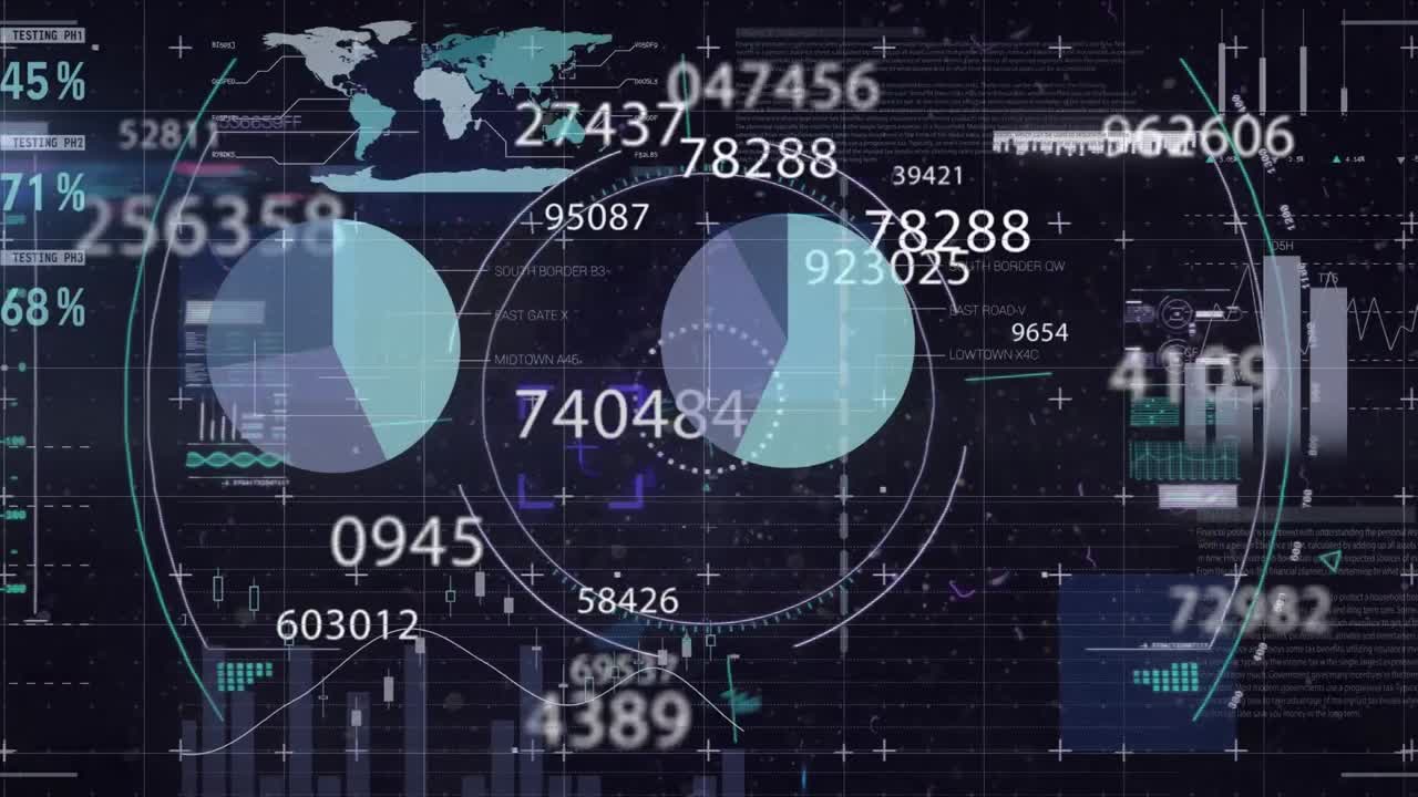 Animation of financial data processing on black background