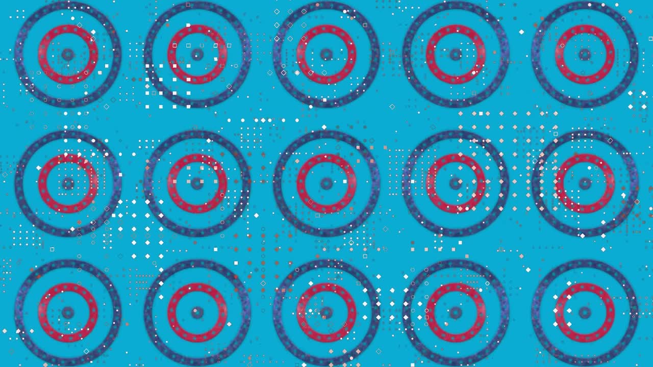 Digital animation of dot pattern design over multiple stars on spinning circles on blue background