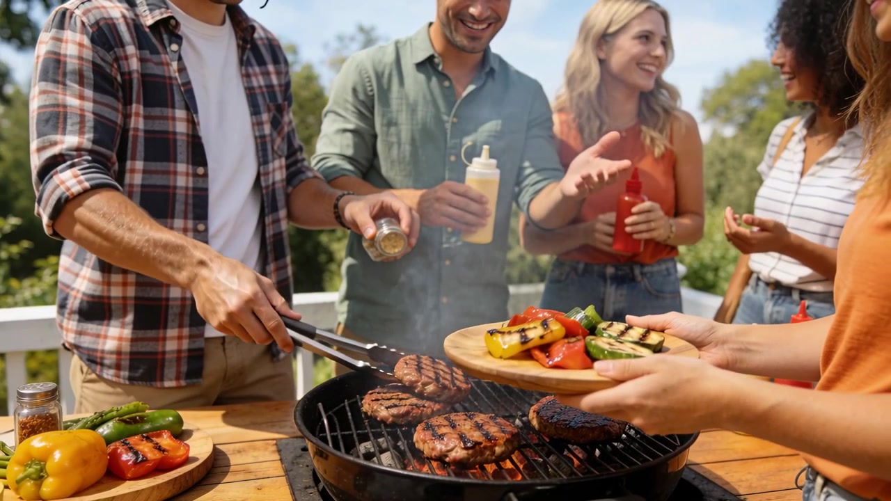 Fumo che sale, grigliatore con camicia a quadri che gira hamburger sulla griglia con le pinze, verso piatti di legno sulla terrazza.