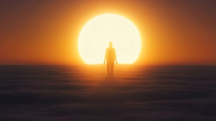 Lone silhouette stands facing enormous radiant sun over calm ocean horizon, with warm backlight, soft reflection, distant haze, and quiet contemplative atmosphere in open seascape, with sun