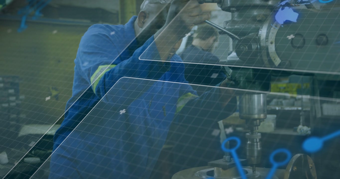 Lead tech reaching crank, lowering spindle and machining rotor while AR grid guiding manufacturing