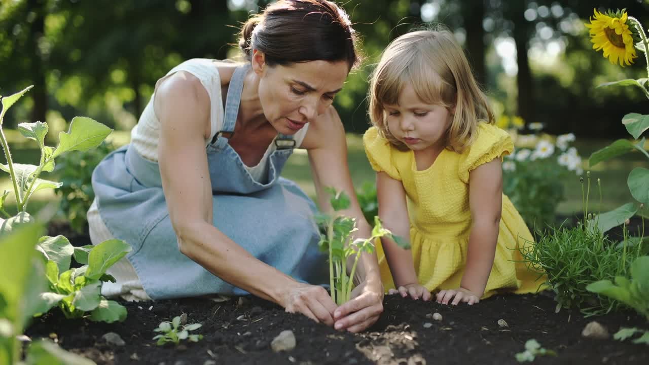 Pointing woman teaching child planting seedling in garden bed by sunflower, wearing denim overalls