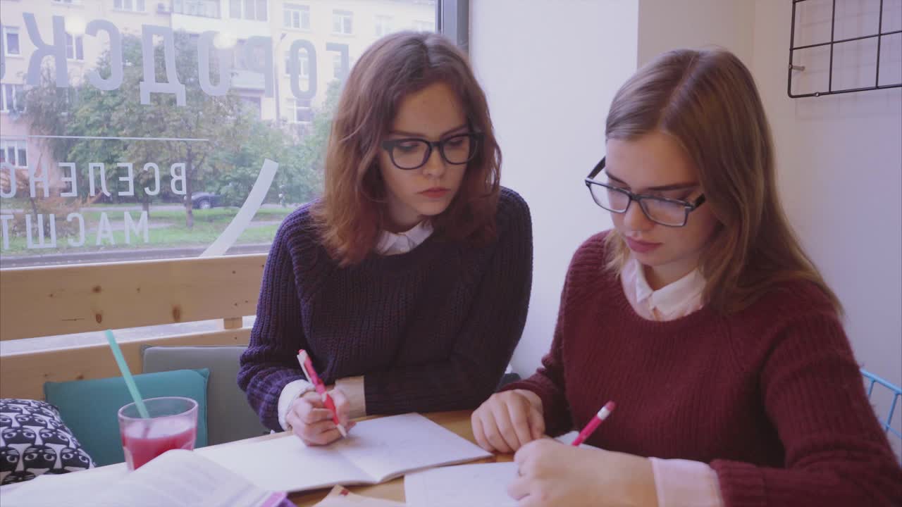 dos mujeres jóvenes estudiando en un café