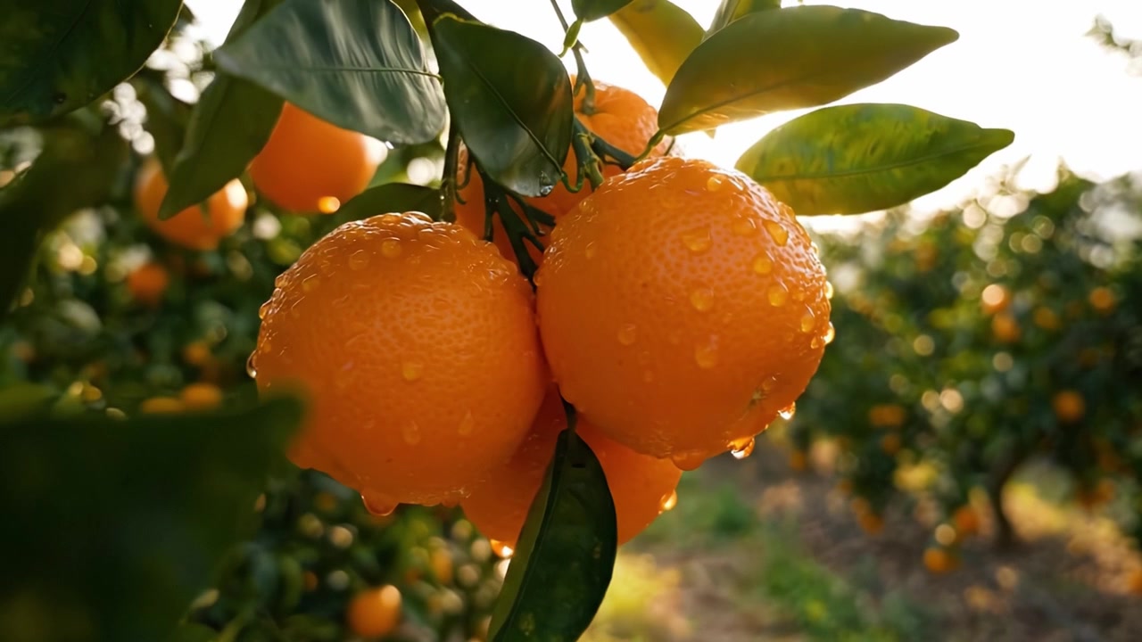 Vibrante agrumeto illuminato dal sole mostra arance mature adornate di gocce di rugiada tra un lussureggiante fogliame verde sotto il cielo splendente del tramonto