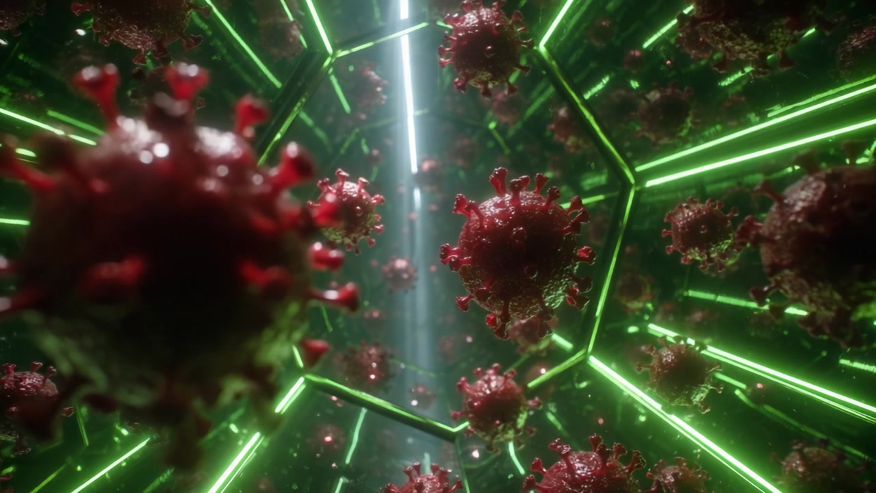 Un'esplorazione complessa delle strutture dei virus in un ambiente futuristico al neon, che mostra caratteristiche biologiche dettagliate ed evidenzia le tecnologie emergenti nella visualizzazione