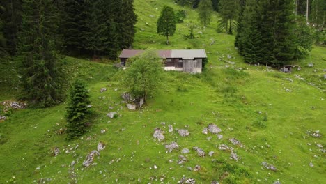 Acogedora-Casa-De-Madera-Muy-Antigua-En-Los-Alpes-Austriacos-En-Una-Colina-Con-Hierba-Verde