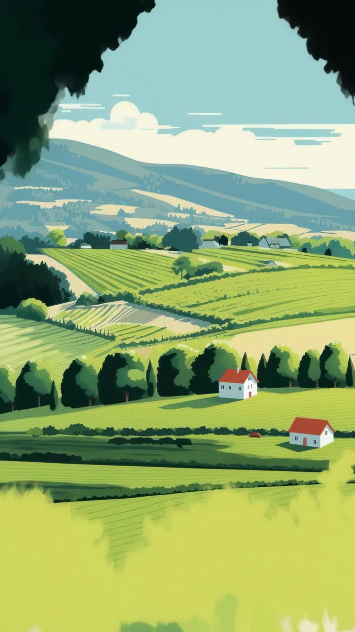 Aerial view of a picturesque countryside with vibrant fields and houses, framed by trees