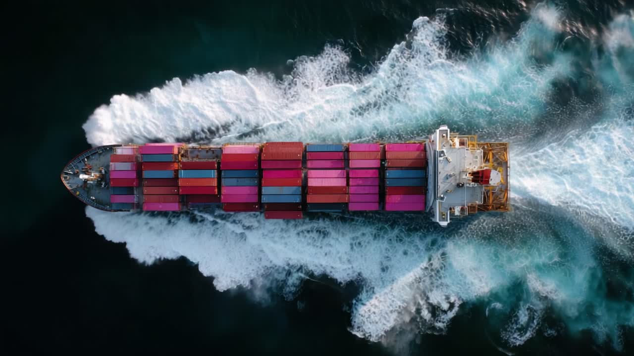 Aerial View of a Container Ship Cutting Through Waves, Showcasing Its Vibrant Cargo and Dynamic Movement Across Turbulent Waters