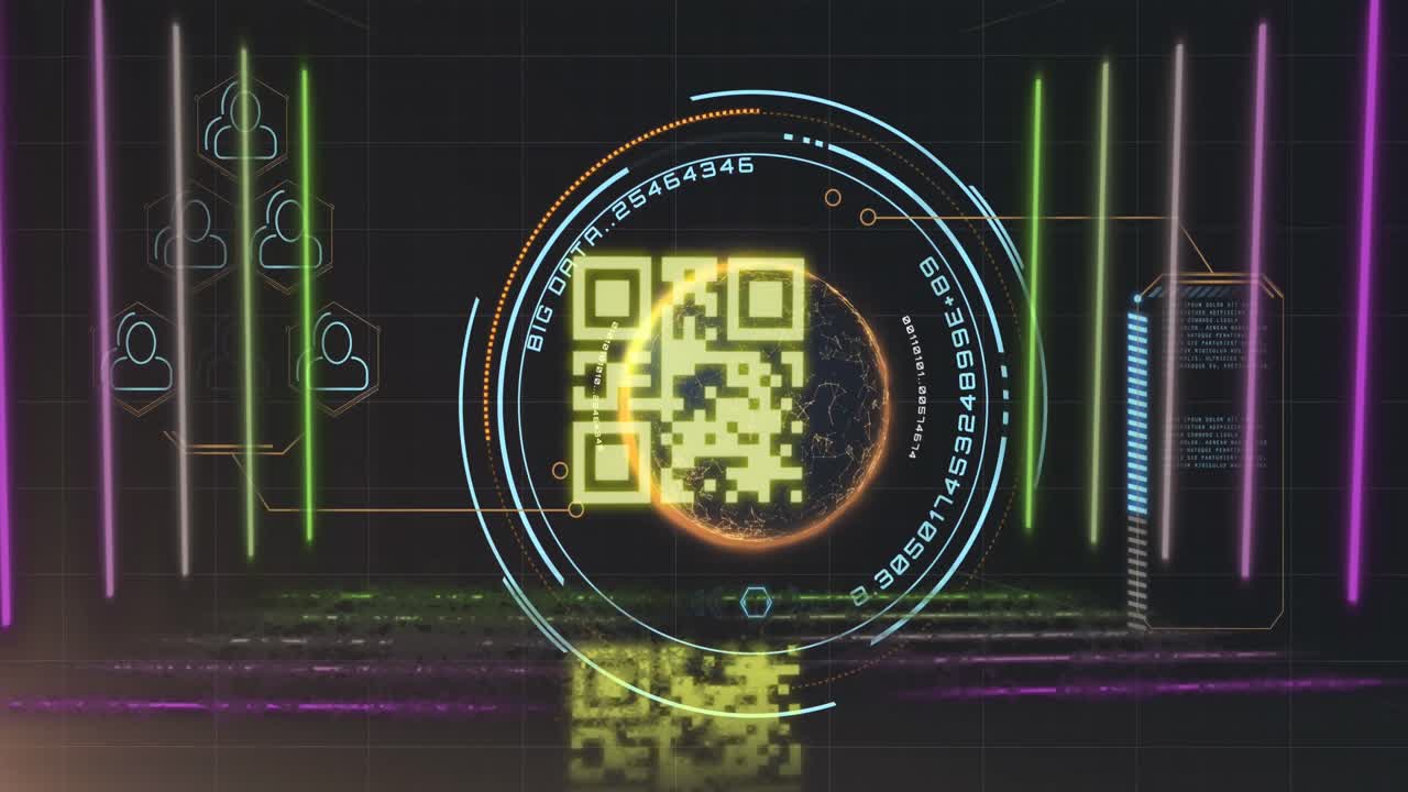 QR code scanner with neon elements against data processing and spinning globe