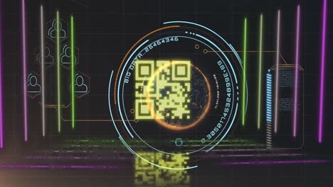 QR-Code-Scanner-Mit-Neonelementen-Gegen-Datenverarbeitung-Und-Sich-Drehender-Globus