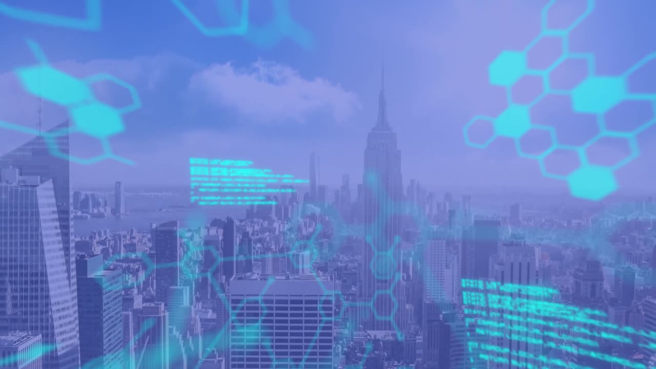 파란색 배경에 도시 풍경 위의 과학 데이터 처리의 애니메이션