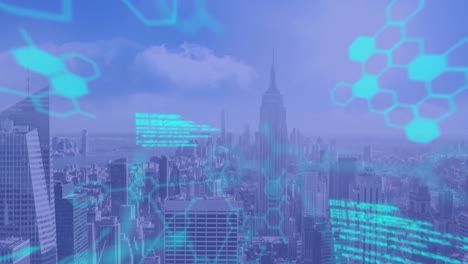 animation of scientific data processing over cityscape on blue background
