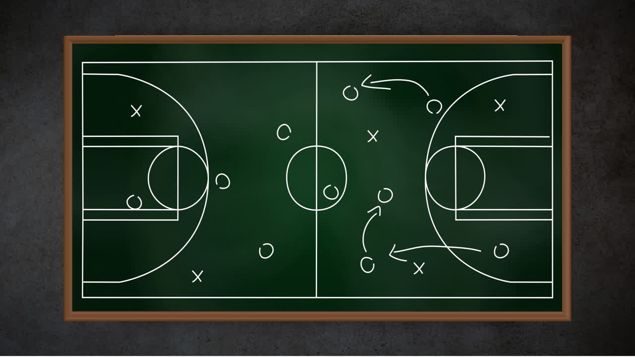 Basketball strategy diagram with player positions and movements animation on chalkboard