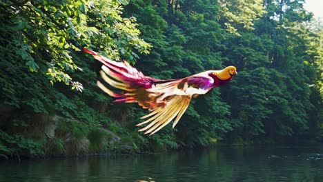 a colorful pheasant soars over a river in a lush forest