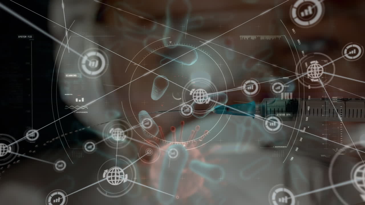 animación de la red de conexiones con escaneo de alcance, vacuna y células de covid 19