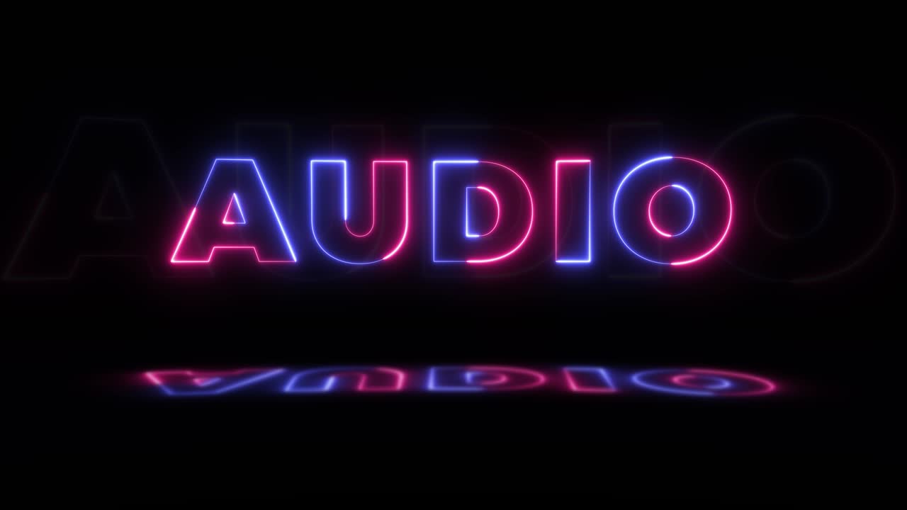 parola luminosa al neon "audio" su uno sfondo nero con riflessi sul pavimento. segni luminosi al neon in grafica di movimento a ciclo senza cuciture
