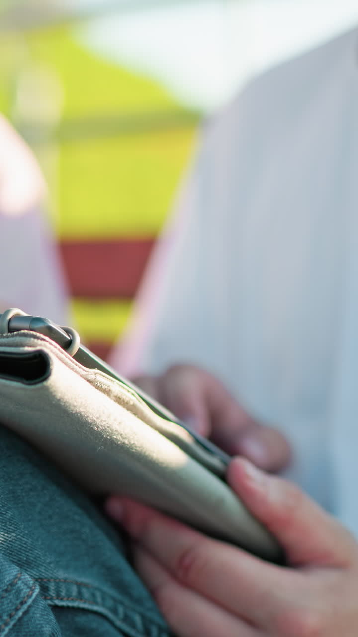 primer plano de un hombre con las piernas cruzadas operando una tableta, una mujer de color rosa ligeramente borrosa en el fondo interactúa y señala la pantalla, cambiando el enfoque de nuevo a su escritura
