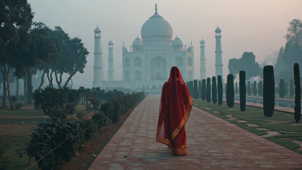Images de voyage cinématographiques d'une femme en sari rouge traditionnel marchant le long de l'allée du jardin vers le Taj Mahal au lever du soleil brumeux, monument indien emblématique.