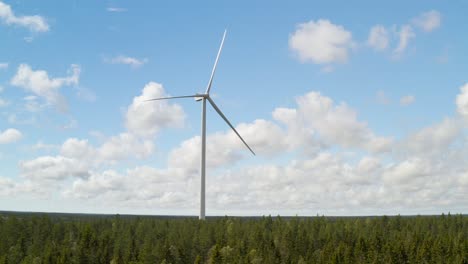 isolated wind turbine producing clean and renewable energy in the middle of a field with a perfect blue sky background