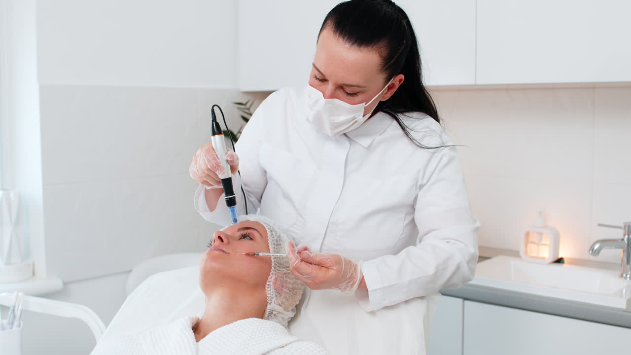 Kosmetolog utfører dermapen microneedling på pannen til en ung kvinne i en skjønnhetsklinikk