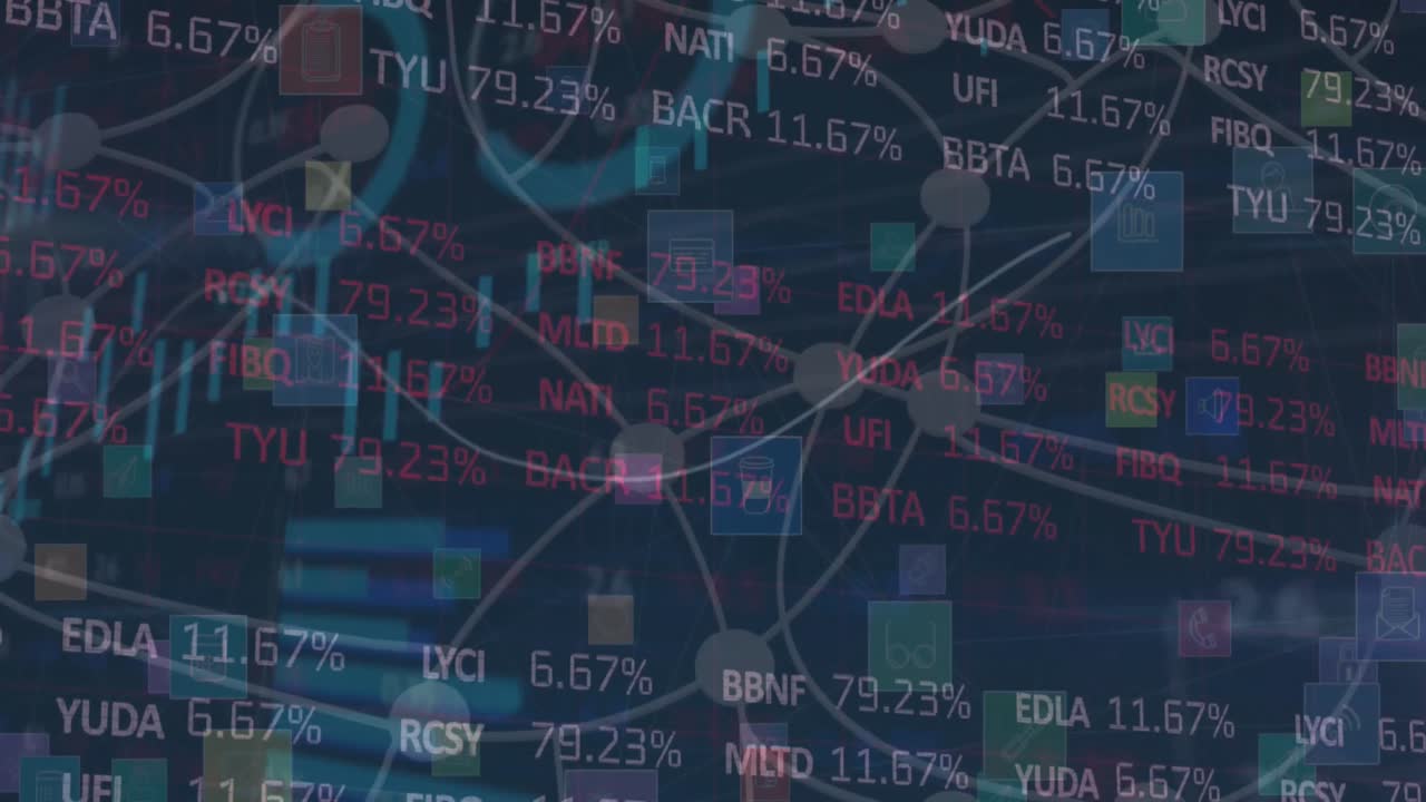 Animation of statistical and stock market data processing against network of digital icons