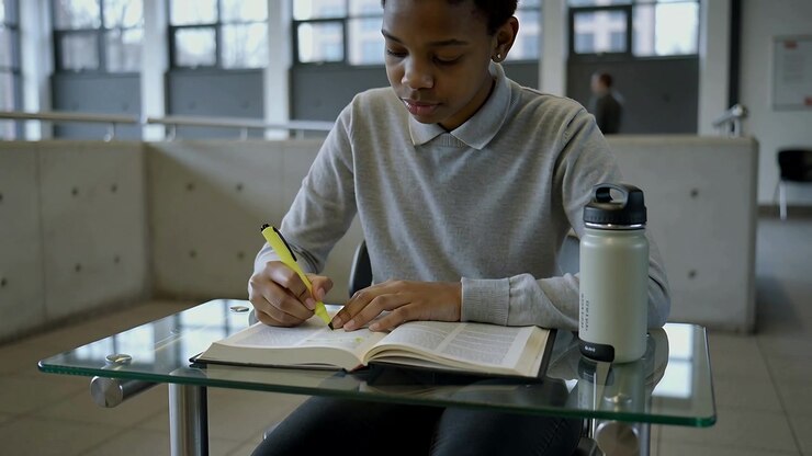 Camera framing student grey polo marking for study at atrium glass-top desk, with marker and bottle