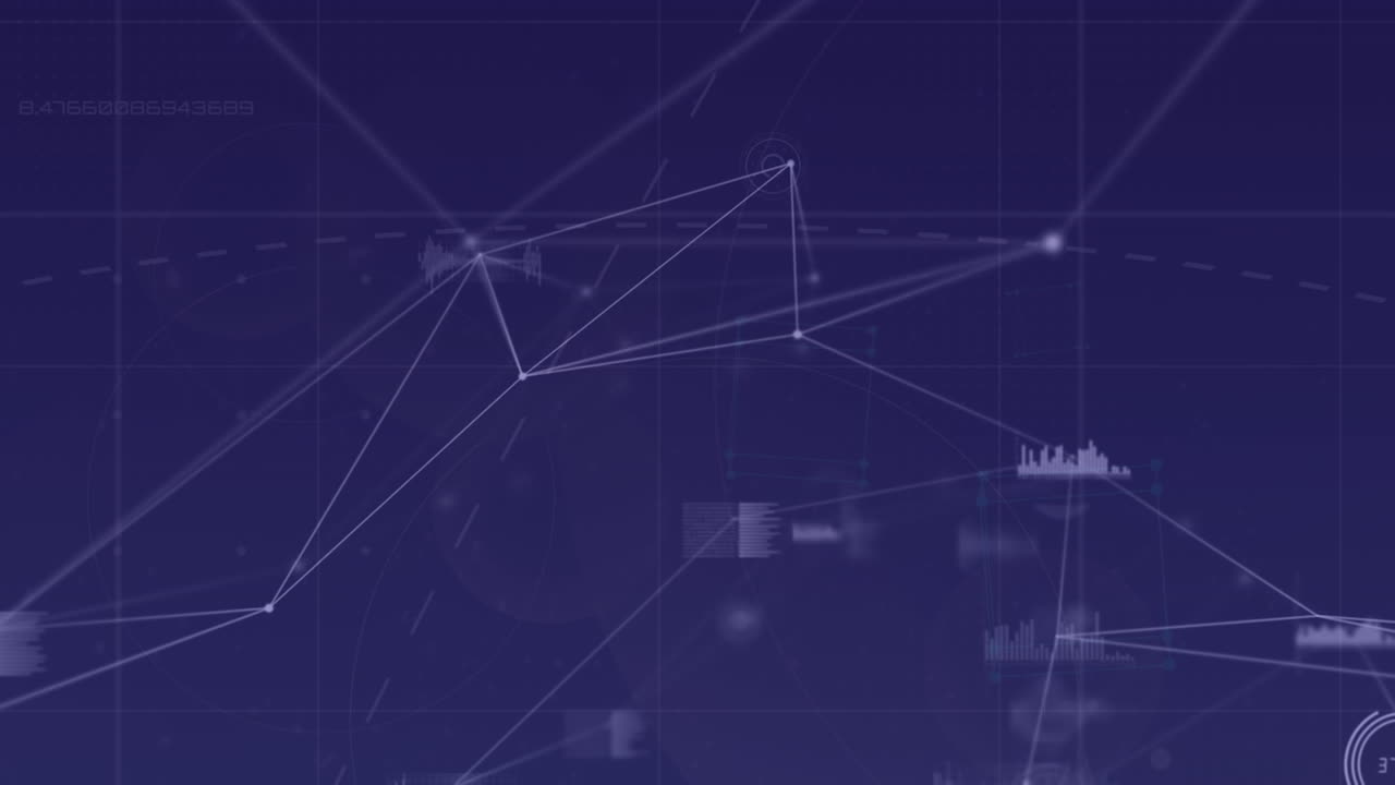 animación de la red de conexiones y procesamiento de datos sobre fondo azul