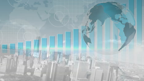 animation of financial data processing over world map, globe and cityscape