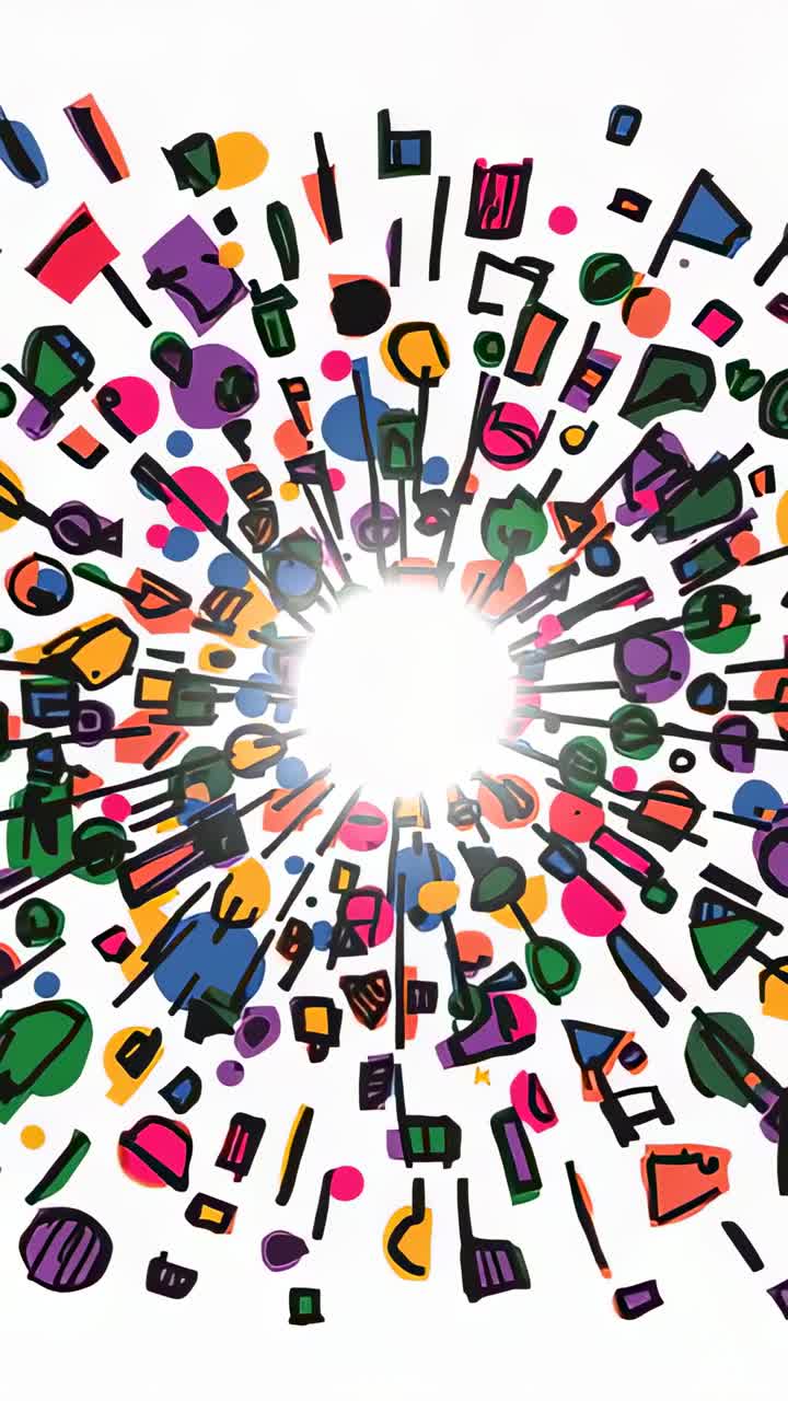 Vertical video: Flare appearing and expanding, pushing icons outward, showing radial design burst