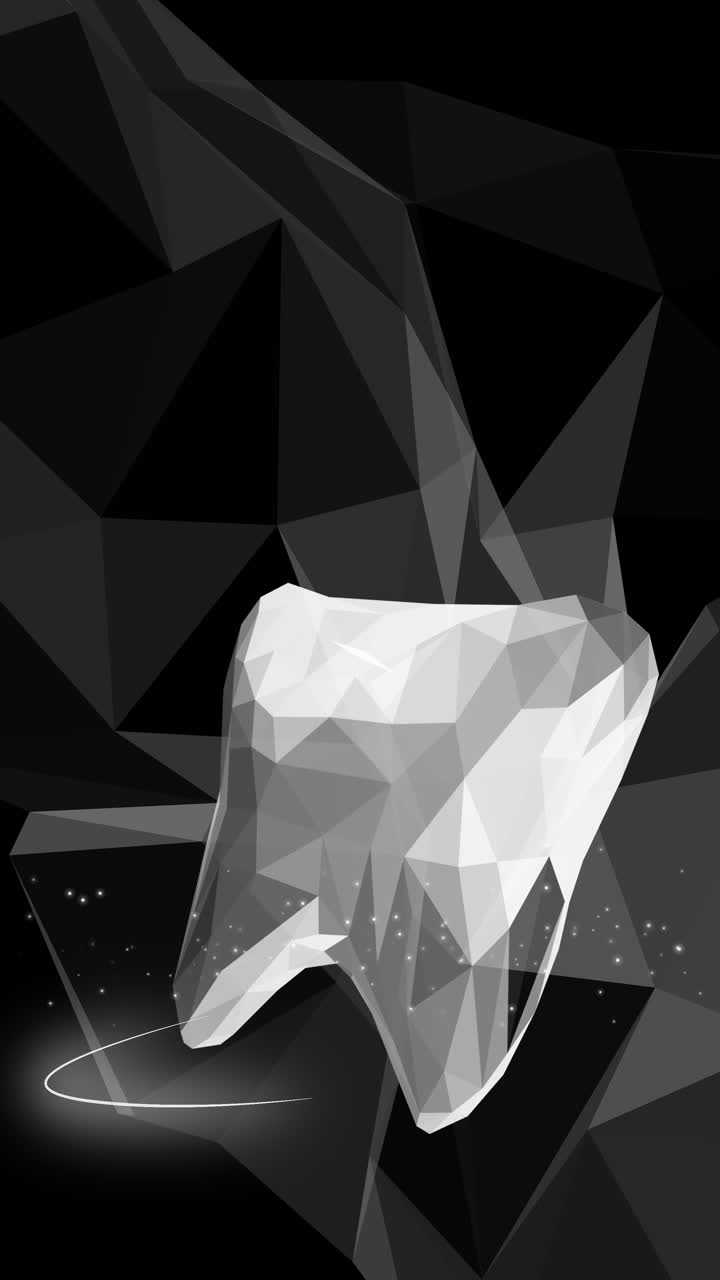 Medical polygonal 3D model of tooth. Dental symbol on black low poly triangles background. Abstract medical looping animation with glowing particles. Vertical video.