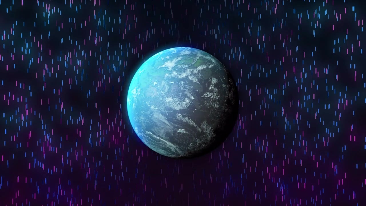 On loop start Earth-like planet rotating while neon data-rain descending, showcasing technology