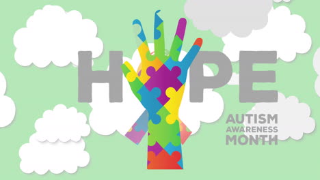 animation of colourful puzzle pieces forming hand and hope autism awareness month text over sky