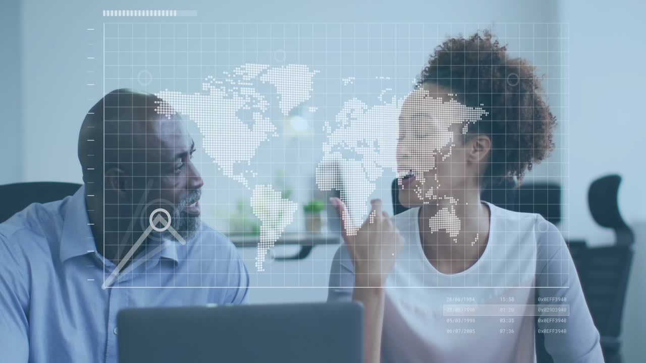 Woman tapping laptop and starting map HUD, man leaning, analyzing rising trend line for business