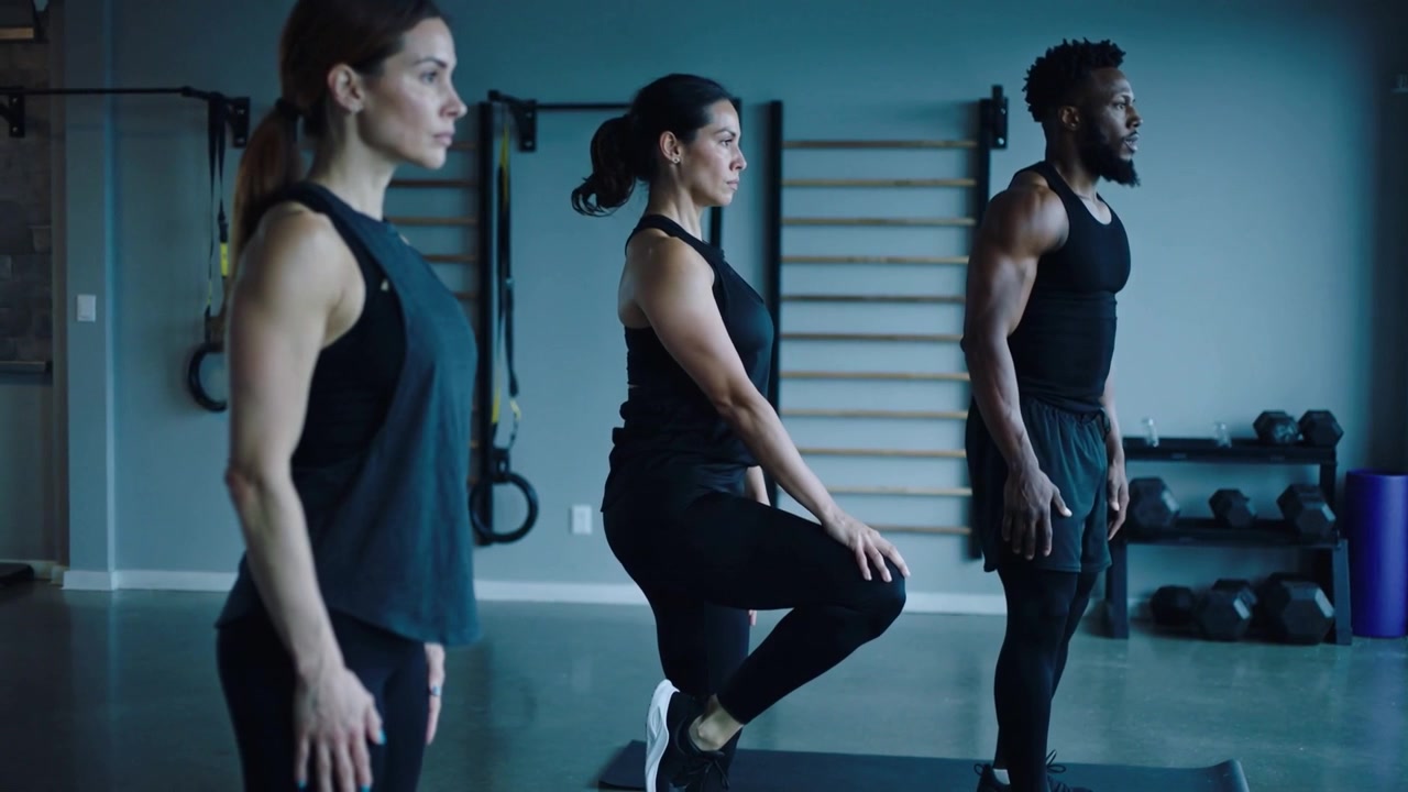 Un trio in palestra, vestito di nero, che inizia da una posizione neutra, eseguendo squat a una gamba e squat poco profondi sul tappetino per ripetizioni.