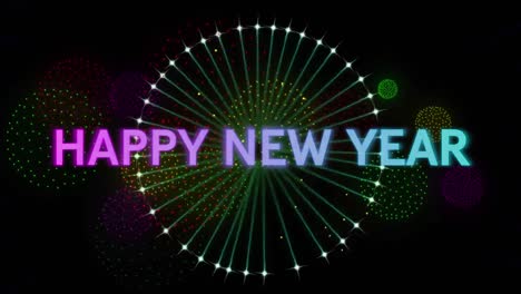 Animation-of-happy-new-year-text-over-fireworks-on-black-background